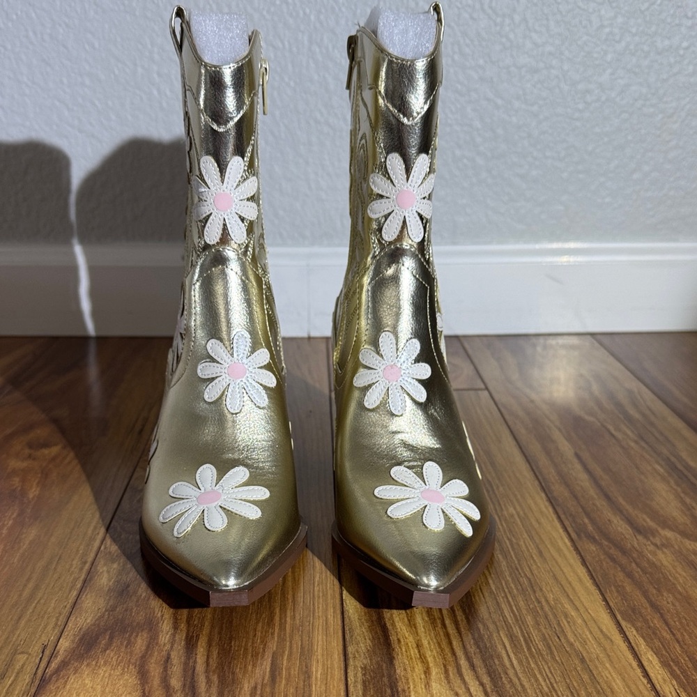 Betsey Johnson Women’s Teddy Gold Heeled Boots with Floral Design - Picture 3 of 13